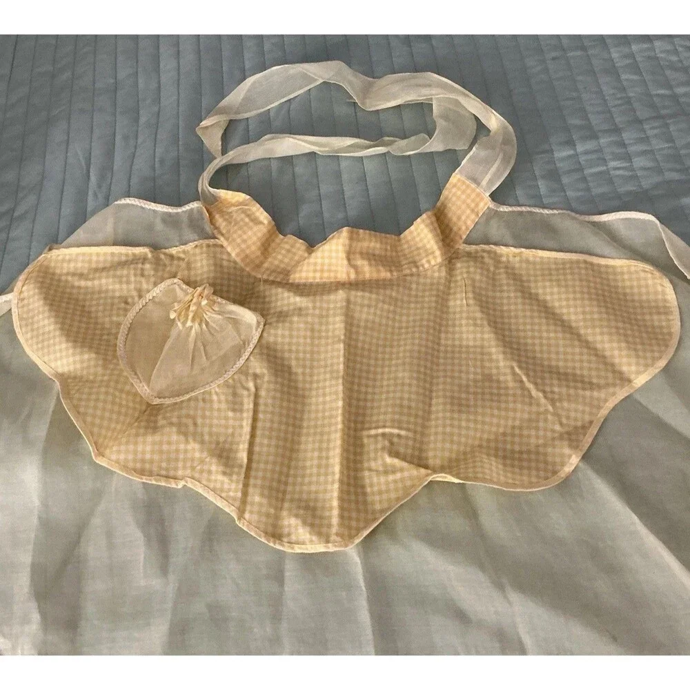 Vintage Yellow Gingham Apron w/ Matching Drawstring Pouch Handmade Cottagecore